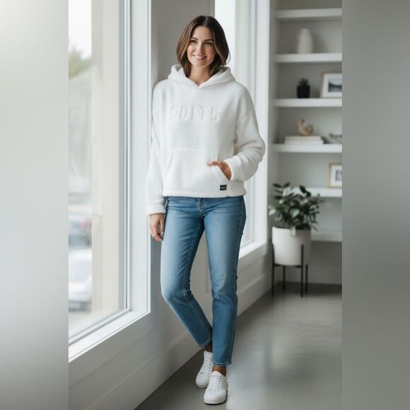 Dkny Tops - NWT DKNY Women’s White NFL Colts Fleece Cropped Hoodie Embroidered Logo - Size S